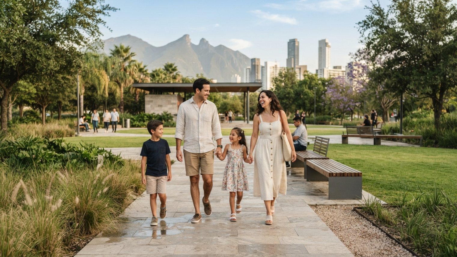 familia caminando tranquilamente en un parque